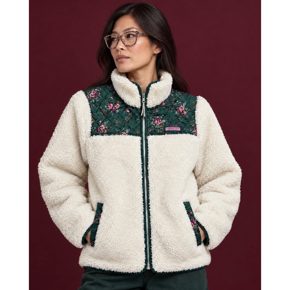 Vineyard Vines Womens Medium Sherpa Fleece Jacket Floral Quilted Green Cream